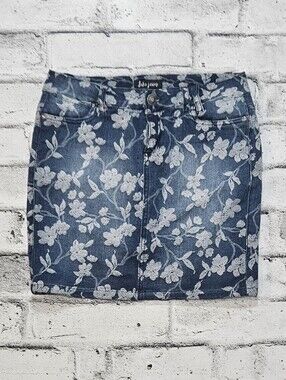 Suko Jeans Floral Denim Skirt Size 2 Blue White Stretch Jean Skirt